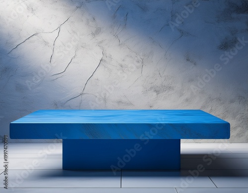 table in the studio room 3d empty blue podium on a background of a white concrete wall marble platform for product mockup with tabletop for cosmetics presentation