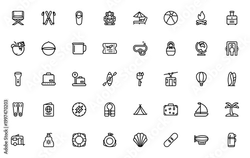 Travel & Tourism icon set. Vector illustration of camping, skiing, backpack, passport, compass, tent, globe and more travel essentials. Editable thin line icons.