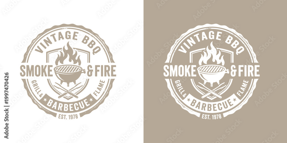 Obraz premium Vintage barbecue emblem grill smoke fire graphic design