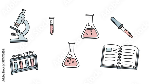 Essential laboratory equipment illustration: A collection of meticulously drawn laboratory equipment, each item representing the tools and instruments vital to scientific exploration and research.