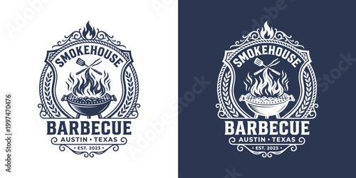 Smokehouse barbecue logo design grill flames heraldry style emblem