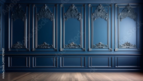 wall panels in the room interior in classic victorian style dark blue empty background indoors