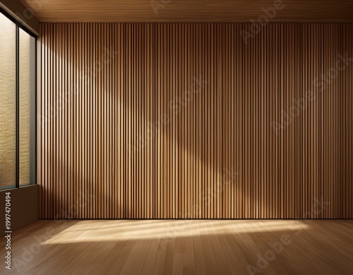wall with wood background panels with wood texture vertical slats in the interior design of an empty studio room 3d architecture with window shadow overlay