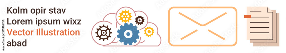 Obraz premium Cloud technology, digital correspondence, file sharing, productivity tools, workflow optimization, technical infrastructure. Gears in a cloud, envelope and file. Cloud technology and digital