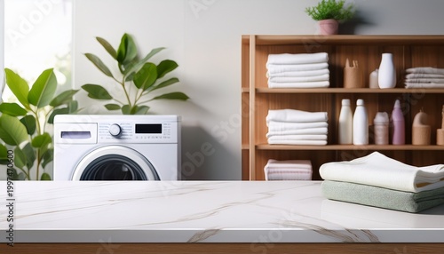 white countertop in laundry room for product presentation empty tabletop against the background of a washing machine with shelves clothes and plants
