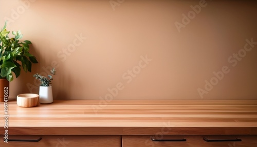 wooden countertop in the kitchen empty product table against a beige wall background brown podium for presentation interior with a platform for advertising eco cosmetics
