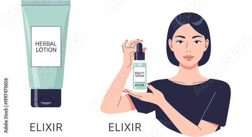 Woman holding green skincare product bottle in minimalist flat illustration for advertising