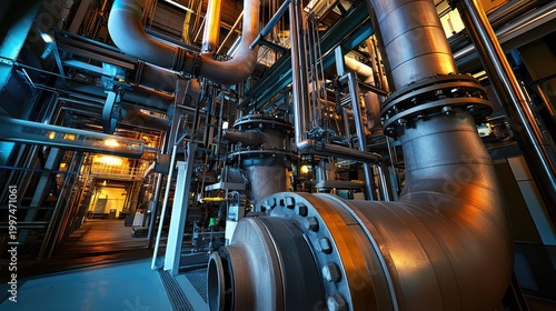 Industrial manufacturing plant interior with pipes and machinery