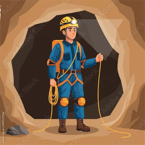 Cave explorer wearing helmet and safety harness holding rope.