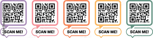 QR code color set, scan me tag collection with QR code, vector illustration for digital payment, product tracking, marketing labels and interactive scan design elements.