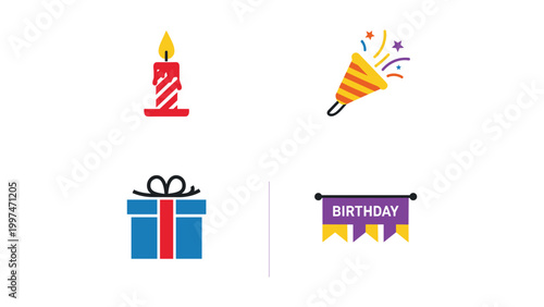 Celebration icons representing birthday festivities and gifts