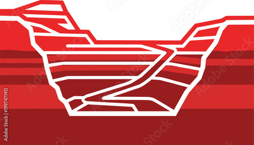 Open pit mining site landscape with red terraces and winding access roads for industrial heavy excavation project.