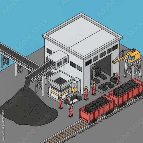 Industrial coal mining facility with workers.