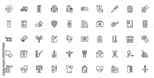 Medical icon set. Healthcare vector icons pack. Includes ambulance, DNA, prescription, tablets, thermometer, stethoscope, hospital, dentist, vaccine, first aid kit and more. Editable stroke.