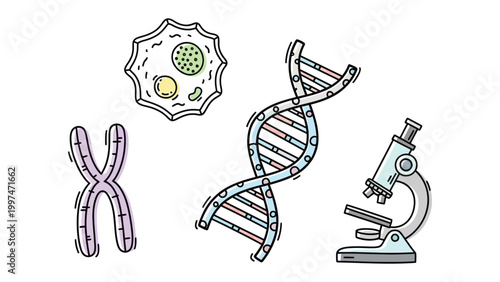 Science Illustration: A vibrant scientific illustration showcasing a DNA strand, a microscopic cell, an examining microscope, and a chromosome.