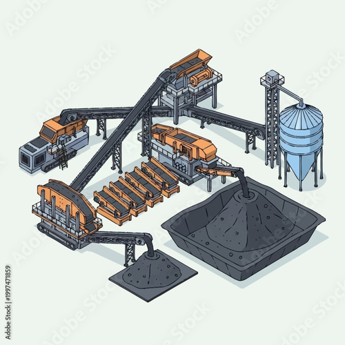 Industrial stone crusher machine with conveyor belts and storage silo.