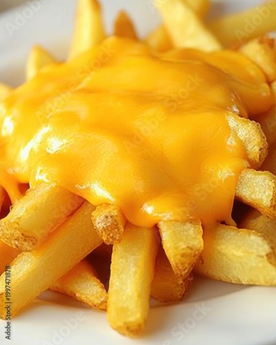 Golden French Fries with Cheddar Cheese Sauce Closeup