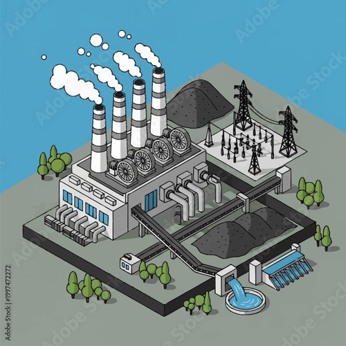 Isometric illustration of industrial power plant.