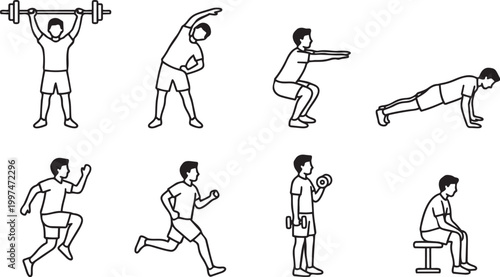 Male Athlete Vector Illustration Set - Man Doing Fitness and Gym Exercises
