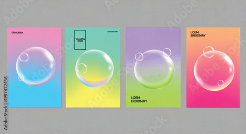 Set of 4 Gradient Background Posters with Transparent Bubbles Vector