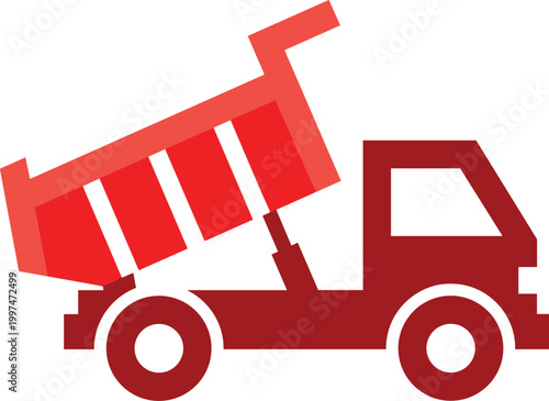 Heavy duty red dump truck icon with raised tipper bed for transportation of construction materials and mining work.
