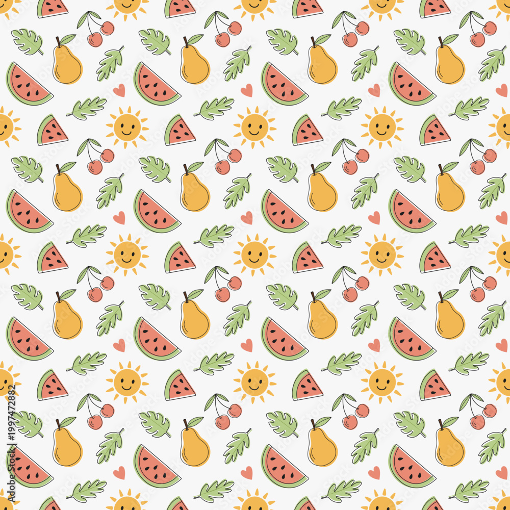 Naklejka premium Summer fruit and sun seamless pattern: hand-drawn watermelon, pear, cherry, and tropical leaves in cute doodle style on white background