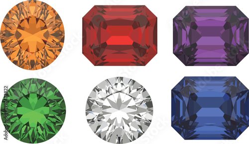 Luxury Gemstone Set Featuring Round Brilliant Cut White Diamond, Orange Citrine, Green Emerald, and Rectangular Ruby, Amethyst, and Sapphire Vector Illustrations for High-End Jewelry Design