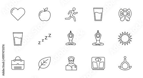 Minimalist health and wellness line icons set on white