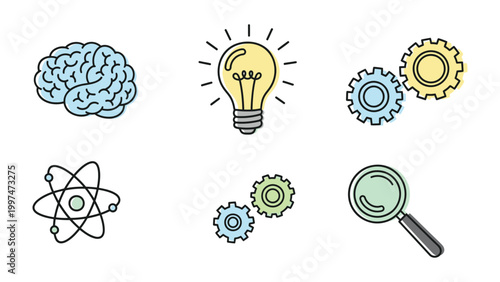 Icons of Innovation: A collection of simple yet powerful icons symbolizing ideas, knowledge, and scientific discovery.