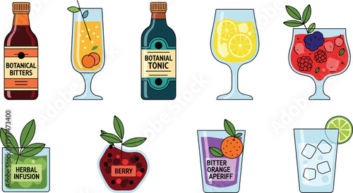 Botanical Drink Bottles and Refreshing Beverages with Herbs, Berries, and Fruits in Stylish Glasses for Summer Beverages and Cocktails