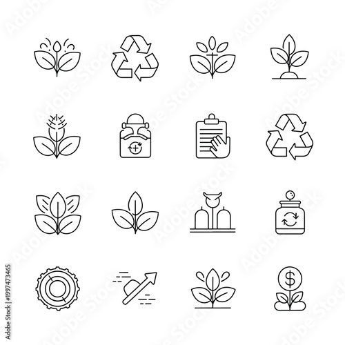 Sustainable living icons depict eco-friendly practices and green technology symbols.