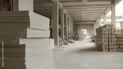 Stack of plasterboard sheets in an unfinished construction space