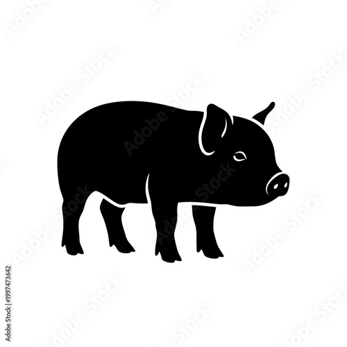 Silhouette of a small piglet standing on all fours, a cute farm animal.