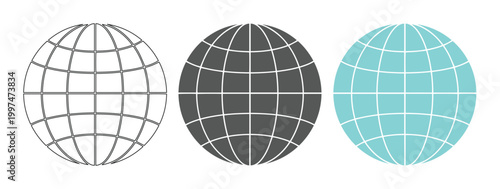Global network grid vector set, three modern globe icons for worldwide communication and internet concepts. Digital earth symbol collection for technology and connectivity. isolated on White