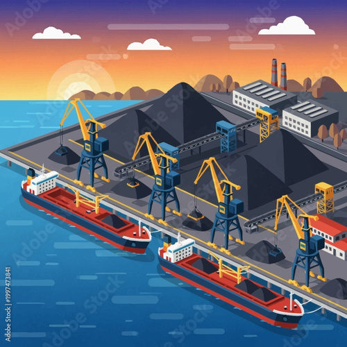 Industrial port with cargo ships and cranes.