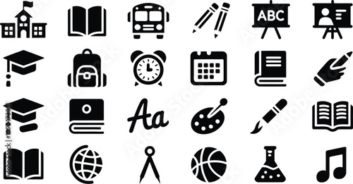 School icon set, education and school subject symbols, vector illustration collection for learning, classroom tools, academic subjects and educational interface design elements.