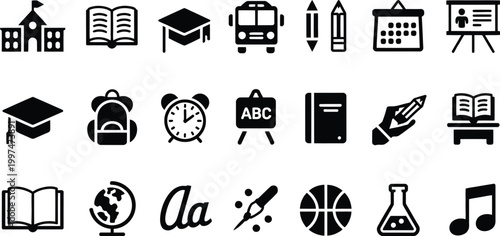 School icon set, education and school subject symbols, vector illustration collection for learning, classroom tools, academic subjects and educational interface design elements.