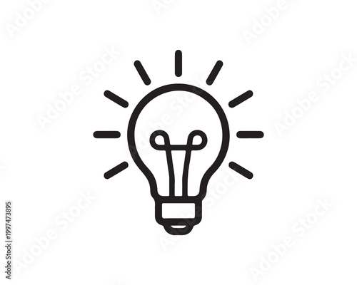 Minimalist black light bulb outline with filament inside, short rays radiating outward, flat vector style, geometric design, symbolizing creativity and new ideas on white background