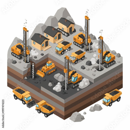 Isometric illustration of mining operation with heavy machinery and vehicles.