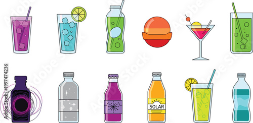 Colorful Beverages, Refreshing Cocktails, and Bottles with Fruity Flavors, Ice Cubes, and Modern Drink Designs for Summer Drinks