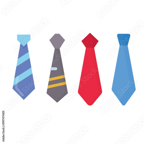 A vector art illustration features two red ties and three colorful ties draped over a blue glass bottle and a green flower vase, creating a decorative design with empty liquid containers