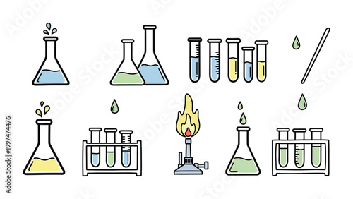 Laboratory Essentials: An array of scientific tools, including flasks, beakers, test tubes, and a bunsen burner.