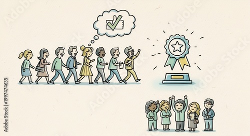 Crowd Walking Toward Star Award Badge With Thumbs Up Approval — Social Proof and Customer Satisfaction Concept
