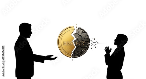 Conceptual Illustration of Male and Female Business Silhouettes Facing Cracked Gold and Dark Broken Respect Coin Exploding Between Them on White Background