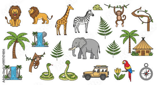 Jungle safari animals and icons.
