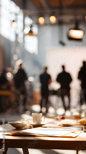 Coffee cup on wooden table with paperwork and blurred film production workspace with crew in background expressing focused atmosphere