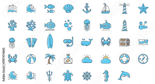 Collection of ocean icons and symbols.