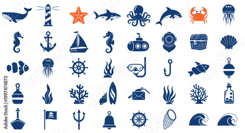Nautical icons and sea symbols.
