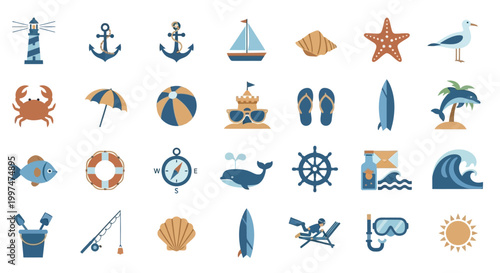 Beach icons and nautical symbols.