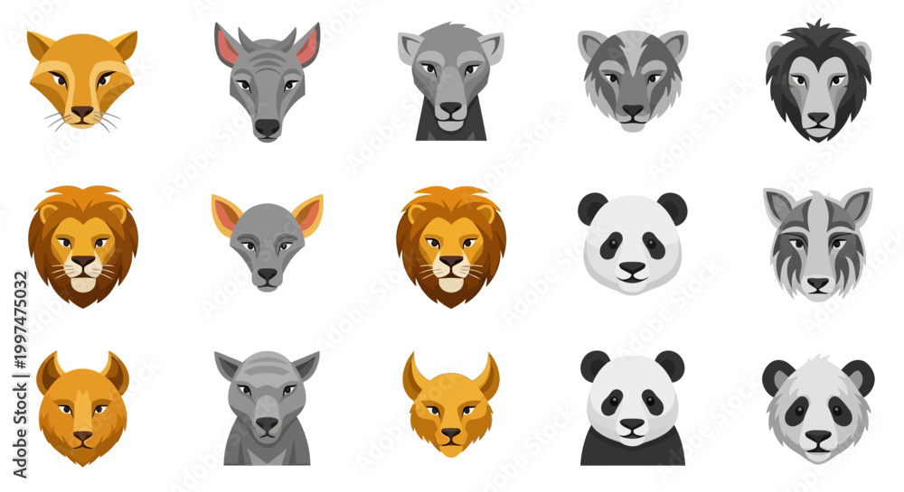 Obraz premium Collection of various animal faces icons.